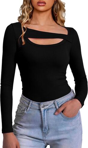 Women's Tops Long Sleeve Shirts Sexy Cutout Ribbed Fitted Trendy Going Out Top Tshirts in Saudi Arabia