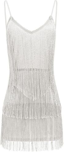 Women Elegant Sexy Deep V-Neck Halter Sparkly Fringe Dress Spaghetti Trendy Backless Sleeveless Slim Evening Party Dress in Saudi Arabia