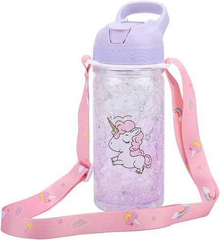 Unicorn Water Bottles for Girls,Cute Cup with Straw and Safety Lock, Outdoor Pink Water Bottle with shoulder strap,13.5oz bottle for sport school, Kawaii water bottle for unicorn girl boy in Saudi Arabia