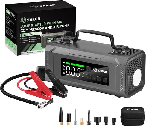 Saker Jump Starters - Tire Inflator Portable Air Compressor|Car Battery Charger|1500A Jump Starter Battery Pack|10400mah Portable 15V Jump Box with LED Light|Automotive Emergency Kits for Vehicles in Saudi Arabia