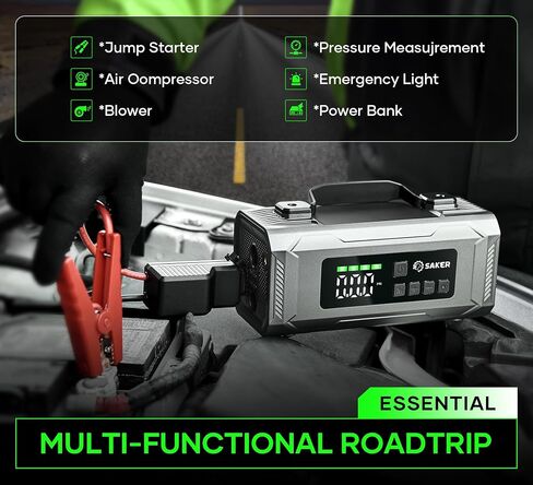 Saker Jump Starters - Tire Inflator Portable Air Compressor|Car Battery Charger|1500A Jump Starter Battery Pack|10400mah Portable 15V Jump Box with LED Light|Automotive Emergency Kits for Vehicles in Saudi Arabia