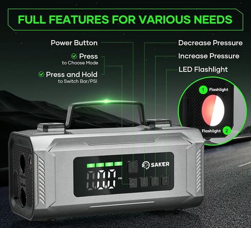 Saker Jump Starters - Tire Inflator Portable Air Compressor|Car Battery Charger|1500A Jump Starter Battery Pack|10400mah Portable 15V Jump Box with LED Light|Automotive Emergency Kits for Vehicles in Saudi Arabia