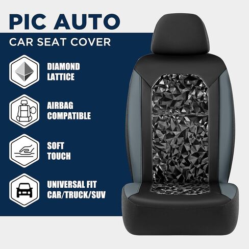 PIC AUTO Leather Car Seat Cover, Stylish Tech Triangle Pattern PU with Black Leather Patchwork, Automotive Waterproof Two Front Bucket Car Seat Protectors, Fits for Cars, Trucks, Van, SUV in Saudi Arabia