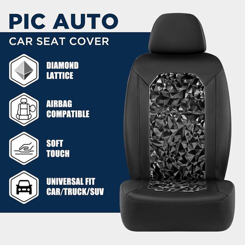 PIC AUTO Leather Car Seat Cover, Stylish Tech Triangle Pattern PU with Black Leather Patchwork, Automotive Waterproof Two Front Bucket Car Seat Protectors, Fits for Cars, Trucks, Van, SUV in Saudi Arabia