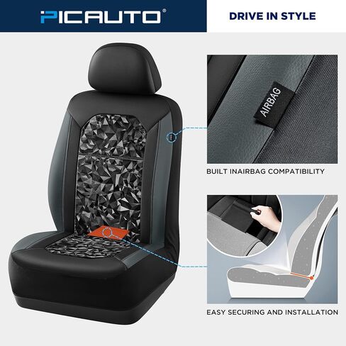 PIC AUTO Leather Car Seat Cover, Stylish Tech Triangle Pattern PU with Black Leather Patchwork, Automotive Waterproof Two Front Bucket Car Seat Protectors, Fits for Cars, Trucks, Van, SUV in Saudi Arabia
