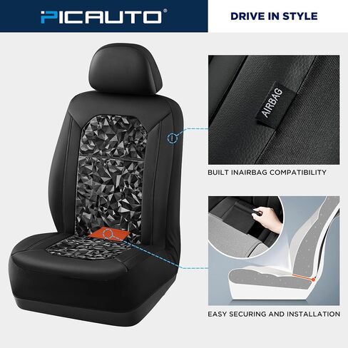 PIC AUTO Leather Car Seat Cover, Stylish Tech Triangle Pattern PU with Black Leather Patchwork, Automotive Waterproof Two Front Bucket Car Seat Protectors, Fits for Cars, Trucks, Van, SUV in Saudi Arabia
