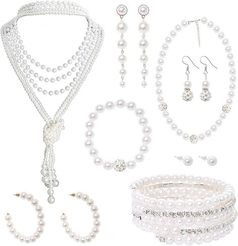 8 قطع اللؤلؤ قلادة الأقراط مجموعة للنساء الفتيات 1920s مجموعة مجوهرات اللؤلؤ اللؤلؤ الملحقات هدية الزفاف قلادة سوار أقراط مجموعة لإكسسوارات الأزياء عيد ميلاد الشاي حزب هدية in Kuwait