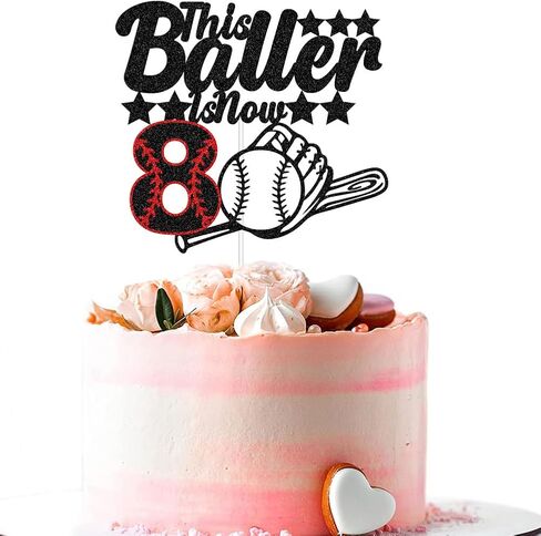 هذا Baller هو الآن 8 كعكة توبر، موضوع البيسبول للأطفال زخارف حفلة عيد ميلاد الثامن، الرياضة تحت عنوان ثماني سنوات ديكور حفلة عيد ميلاد أسود أحمر بريق in Kuwait