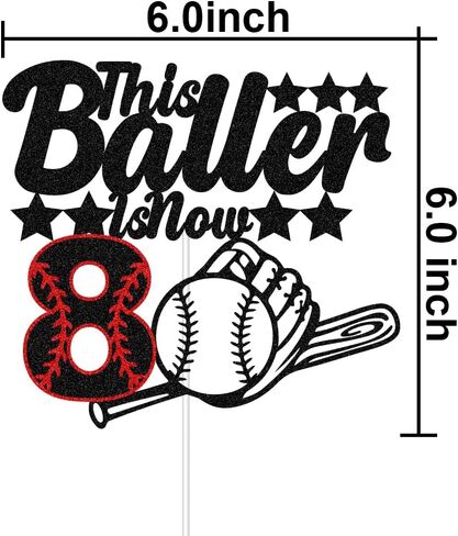 هذا Baller هو الآن 8 كعكة توبر، موضوع البيسبول للأطفال زخارف حفلة عيد ميلاد الثامن، الرياضة تحت عنوان ثماني سنوات ديكور حفلة عيد ميلاد أسود أحمر بريق in Kuwait