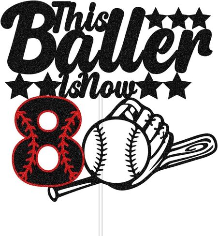 هذا Baller هو الآن 8 كعكة توبر، موضوع البيسبول للأطفال زخارف حفلة عيد ميلاد الثامن، الرياضة تحت عنوان ثماني سنوات ديكور حفلة عيد ميلاد أسود أحمر بريق in Kuwait