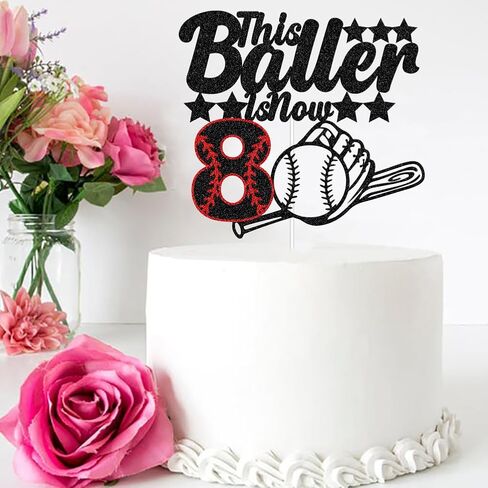 هذا Baller هو الآن 8 كعكة توبر، موضوع البيسبول للأطفال زخارف حفلة عيد ميلاد الثامن، الرياضة تحت عنوان ثماني سنوات ديكور حفلة عيد ميلاد أسود أحمر بريق in Kuwait