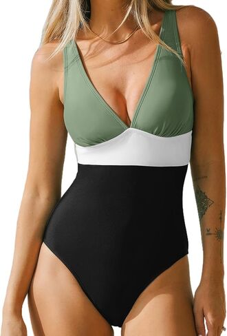 بدلة سباحة نسائية من قطعة واحدة من CUPSHE، بدلة استحمام طويلة الجذع، رقبة متدلية وأشرطة واسعة، كتلة ألوان قياسية، قطع الساق in Kuwait