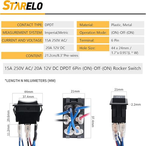 مفتاح تبديل الروك اللحظي Starelo قطبية عكسية 6Pin DPDT 20A 12V DC مفتاح الطاقة مع أسلاك، مفتاح هزاز للقارب الارتداد التلقائي. (6Pin) in Kuwait