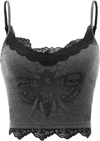 SHENHE Women's Butterfly Skull Print Contrast Lace Spaghetti Strap Sleeveless Cami Tank Crop Tops in Kuwait
