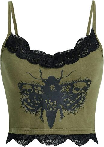 SHENHE Women's Butterfly Skull Print Contrast Lace Spaghetti Strap Sleeveless Cami Tank Crop Tops in Kuwait