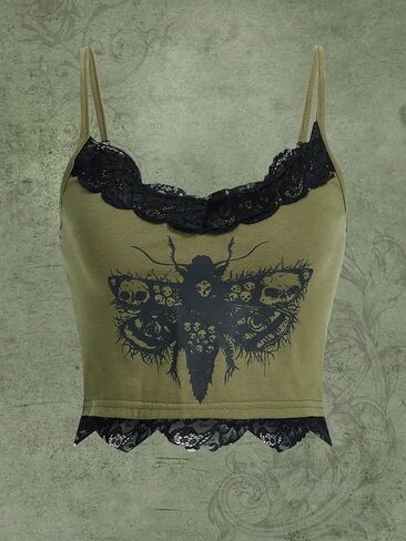 SHENHE Women's Butterfly Skull Print Contrast Lace Spaghetti Strap Sleeveless Cami Tank Crop Tops in Kuwait