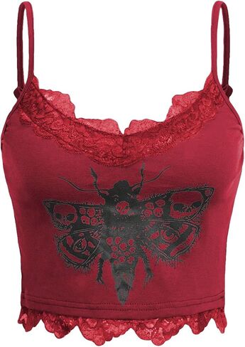 SHENHE Women's Butterfly Skull Print Contrast Lace Spaghetti Strap Sleeveless Cami Tank Crop Tops in Kuwait