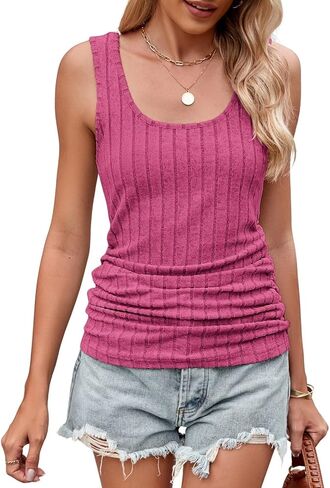 قطع علوية نسائية برقبة مربعة مضلعة مكشكشة قطع علوية صيفية غير رسمية بدون أكمام بقصة ضيقة قطع علوية منسوجة مضلعة 2024 in Kuwait