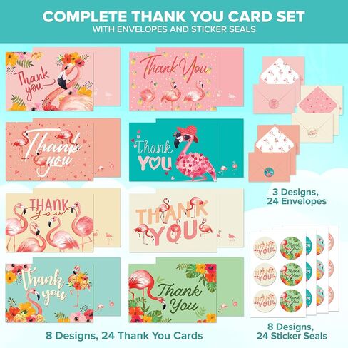 بطاقات شكر مزخرفة مع مغلفات وملصقات، بطاقات ذات طابع حيواني - 24 حزمة من بطاقات شكر فلامنغو، فارغة داخل بطاقات فلامنغو، بطاقات شكر استوائية مقاس 6x4 بوصة مع مغلفات in Kuwait