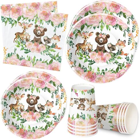 زينة استحمام الطفل من Woodland Animals أدوات مائدة للبنات، مستلزمات حفلات زينة أعياد الميلاد من Woodland، أطباق العشاء، طبق الحلوى، الأكواب، المناديل، مستلزمات الحفلات من Woodland Creatures | يخدم 24 in Kuwait