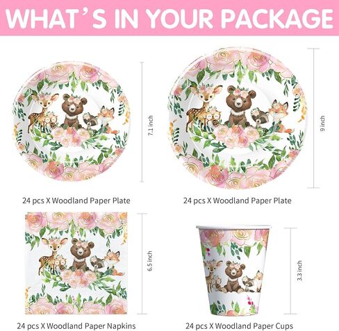 زينة استحمام الطفل من Woodland Animals أدوات مائدة للبنات، مستلزمات حفلات زينة أعياد الميلاد من Woodland، أطباق العشاء، طبق الحلوى، الأكواب، المناديل، مستلزمات الحفلات من Woodland Creatures | يخدم 24 in Kuwait