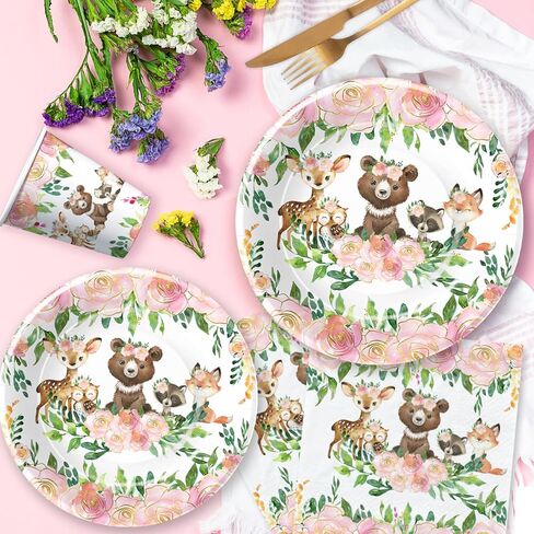 زينة استحمام الطفل من Woodland Animals أدوات مائدة للبنات، مستلزمات حفلات زينة أعياد الميلاد من Woodland، أطباق العشاء، طبق الحلوى، الأكواب، المناديل، مستلزمات الحفلات من Woodland Creatures | يخدم 24 in Kuwait