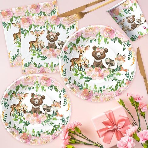 زينة استحمام الطفل من Woodland Animals أدوات مائدة للبنات، مستلزمات حفلات زينة أعياد الميلاد من Woodland، أطباق العشاء، طبق الحلوى، الأكواب، المناديل، مستلزمات الحفلات من Woodland Creatures | يخدم 24 in Kuwait