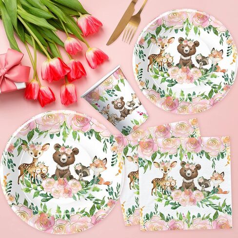 زينة استحمام الطفل من Woodland Animals أدوات مائدة للبنات، مستلزمات حفلات زينة أعياد الميلاد من Woodland، أطباق العشاء، طبق الحلوى، الأكواب، المناديل، مستلزمات الحفلات من Woodland Creatures | يخدم 24 in Kuwait