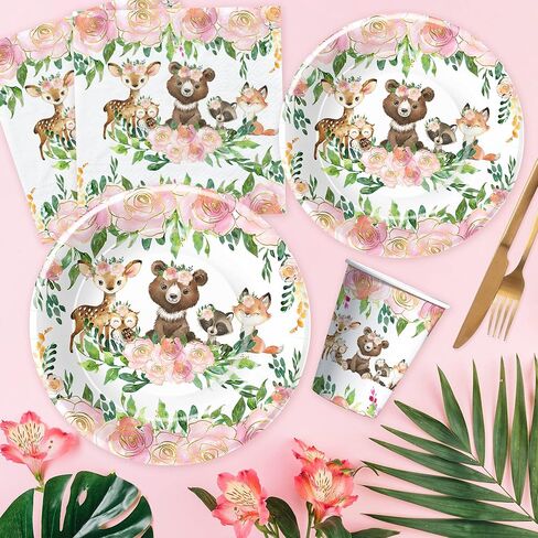 زينة استحمام الطفل من Woodland Animals أدوات مائدة للبنات، مستلزمات حفلات زينة أعياد الميلاد من Woodland، أطباق العشاء، طبق الحلوى، الأكواب، المناديل، مستلزمات الحفلات من Woodland Creatures | يخدم 24 in Kuwait