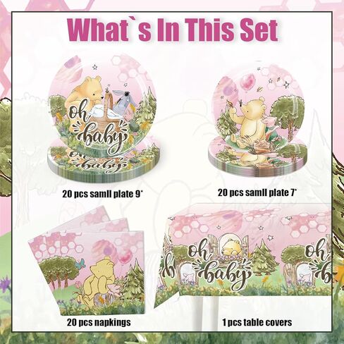 Classic Winnie Baby Shower Decorations Girl Tableware for 25 Guests, Classic Winnie Baby Shower Decorations, Classic Winnie Party Supplies includes Classic Winnie Plates and Napkins, and Tablecloth in Kuwait