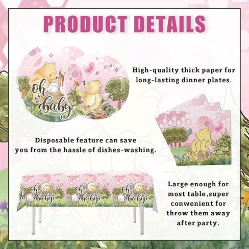Classic Winnie Baby Shower Decorations Girl Tableware for 25 Guests, Classic Winnie Baby Shower Decorations, Classic Winnie Party Supplies includes Classic Winnie Plates and Napkins, and Tablecloth in Kuwait