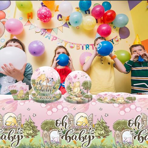 Classic Winnie Baby Shower Decorations Girl Tableware for 25 Guests, Classic Winnie Baby Shower Decorations, Classic Winnie Party Supplies includes Classic Winnie Plates and Napkins, and Tablecloth in Kuwait