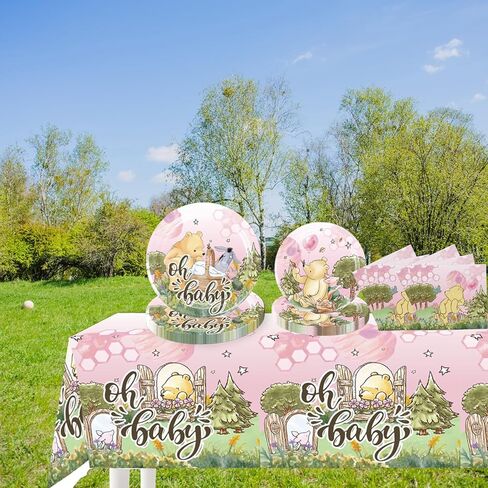 Classic Winnie Baby Shower Decorations Girl Tableware for 25 Guests, Classic Winnie Baby Shower Decorations, Classic Winnie Party Supplies includes Classic Winnie Plates and Napkins, and Tablecloth in Kuwait