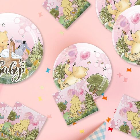 Classic Winnie Baby Shower Decorations Girl Tableware for 25 Guests, Classic Winnie Baby Shower Decorations, Classic Winnie Party Supplies includes Classic Winnie Plates and Napkins, and Tablecloth in Kuwait