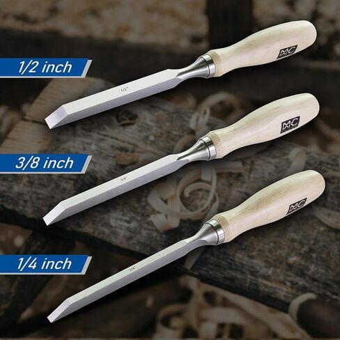 Professional Woodworking Cabinetmakers Mortise Chisel set Chrome-Vanadium Steel with Hornbeam Handles for Carpentry, Woodworking, Carving, Craftsman, Set of 3, 1/4", 3/8",1/2" in Saudi Arabia