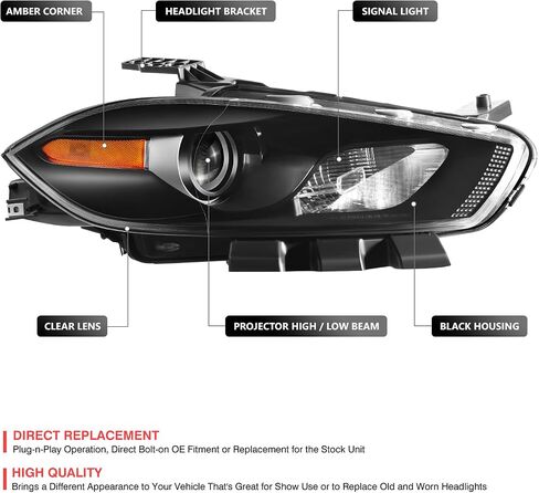 DNA MOTORING أمامي، مجموعة المصابيح الأمامية على طراز OE من المصنع الأيمن (الأيمن) متوافقة مع Dodge Dart 2013-2016/مع مصباح هالوجين أمامي من المصنع، OEM-HL-0299-R in Saudi Arabia