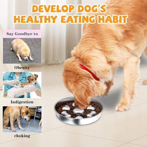 Slow Feeder Dog Bowls, Non-Slip Metal Dog Food Bowls, 304 Stainless Steel Dog Water Bowl, Double-Sided Heart and Bones Design Dog Slow Feeder Bowl for Small Medium Large Dogs in Saudi Arabia