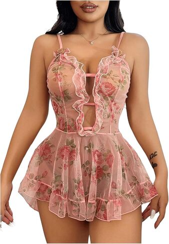 Women's Babydoll Lingerie Floral Mesh Frill Ruffle Babydoll Lingerie Dress Chemise Nightgown in Kuwait