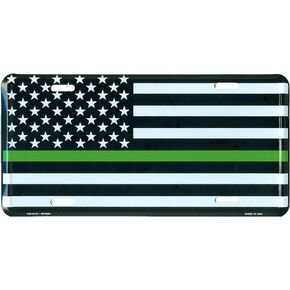 Thin Green Line USA Metal Front License Plate, American Flag Auto Tag for Cars and Trucks, 6x12 inch, Recognize and Support Federal Agents, Military, Environment
