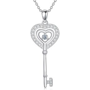WTIYM Moissanite Diamond Lock Key Pendant Necklace for Women 14K White Gold Plated 925 Sterling Silver Heart Key Necklace Birthday Christmas Gifts for Her Wife Girlfriend, 18+2 Inch