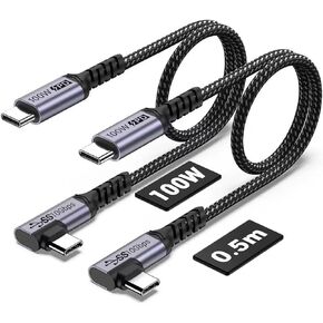 100W Short USB C Cable 3.1 Right Angle [1.5FT 2 Packs], 5A Fast Charging, 10GBbps High Speed Data E-Marker Chip Cords, 4K@60Hz Video Display