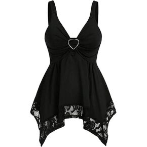 SHENHE Women's Heart Ring Lace Trim V Neck Tank Asymmetrical Flowy Goth Tank Top
