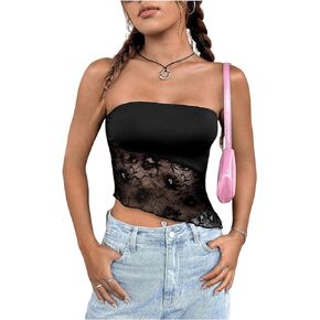 SOLY HUX Women's Y2k Lace Sheer Tube Crop Top Strapless Sleeveless Asymmetrical Hem Tops
