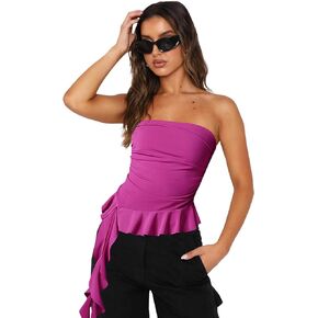 Women Strapless Tops Ruffled Asymmetrical Hem Tube Tops Ruched Bandeau Cami Tanks
