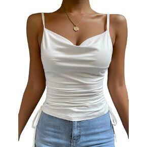 SHENHE Women's Ruched Drawstring Side Cowl Neck Cami Spaghetti Strap Cute Tank Camisole