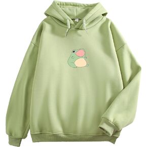 Bubeutou Women Cute Frog Graphic Hoodies for Teen Girls Aesthetic Kawaii Sweatshirt Cartoon Pullover Top Cottagecore