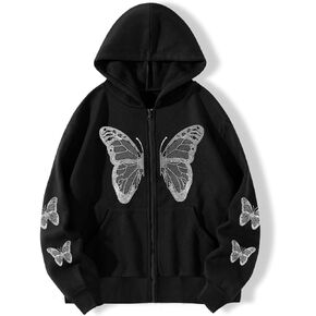 Women's Y2k Butterfly Zip Up Hoodie Oversized Graphic Print Sweatshirt Vintage Baggy Grunge Aesthetic Alt Emo Jackets