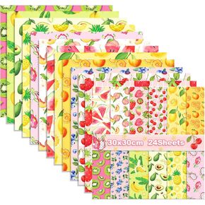 12 Inches Summer Fruit Pattern Scrapbook Paper, Double Sided Strawberry Lemon Origami Decoupage Collection Decorative Craft Paper For DIY Card Making Junk Journal Decor-24 Sheets (A-fruit)