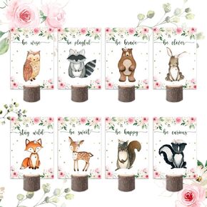 16Pcs Woodland Animals Centerpieces and Wooden Stands, Woodland Animal Watercolor Floral Baby Shower Table Decorations for Girls, Double Side Woodland Creature Forest Birthday Party Supplies for Girl