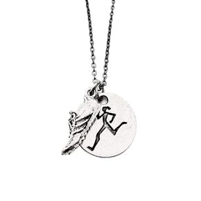 Runner Girl Running Shoe Necklace - Pewter Running Shoe Charm and Pewter Round Runner Girl Pendant on 18 inch Gunmetal Chain